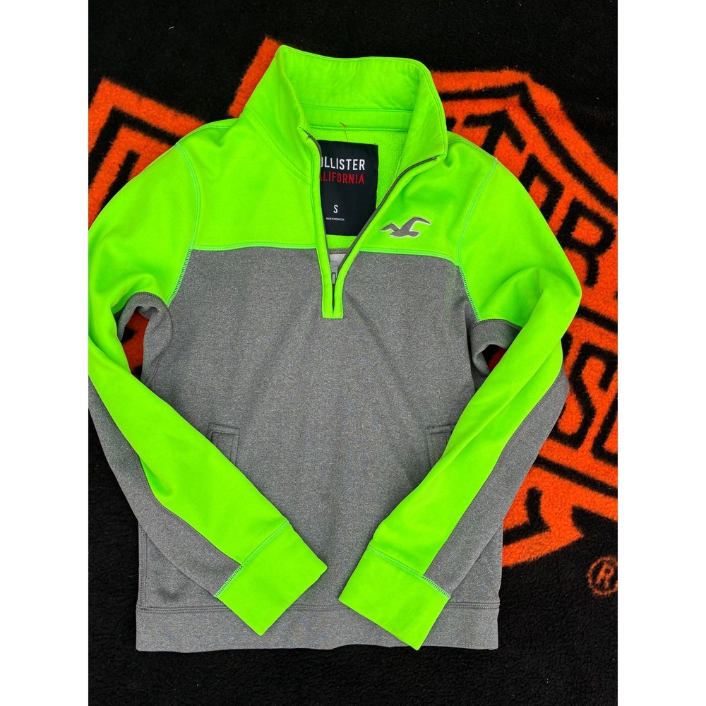 Hollister California Mens Small Quarter Zip Pullover Neon Green Gray Fleece Mock